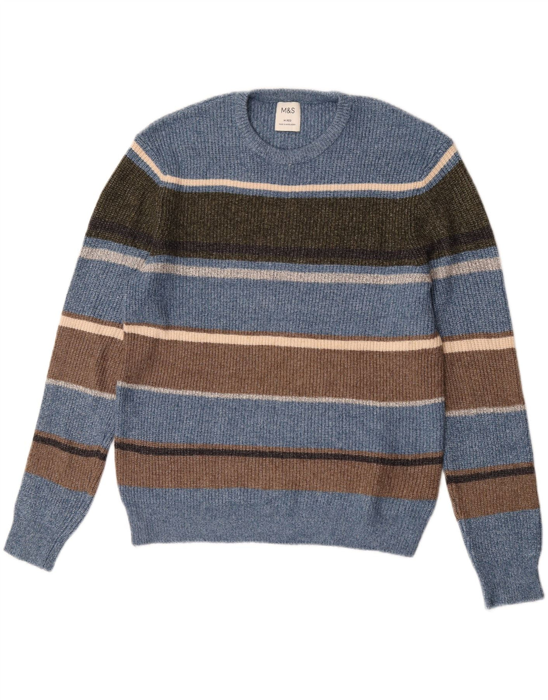 Marks & Spencer Herren-Pullover mit Rundhalsausschnitt, mittelblau, gestreift, Polyamid