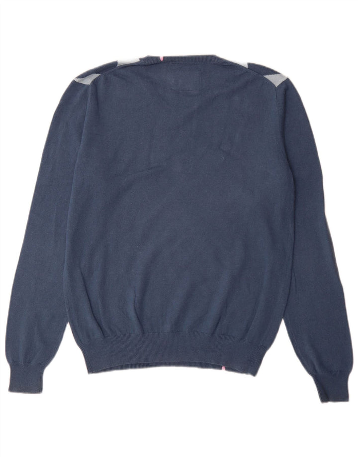 Sun68 Herren-Pullover mit V-Ausschnitt, mittelblaue Argyle-/Diamant-Baumwolle