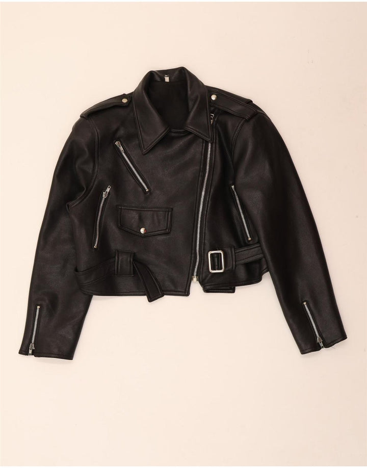 VINTAGE Damen-Bikerjacke aus übergroßem, bauchfreiem Leder, Gr. 10, Größe S, Schwarz