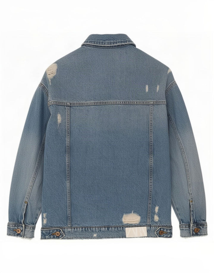 Zara Damen Jeansjacke im Distressed-Look, übergroß, UK 10, Größe S, Blau, Baumwolle