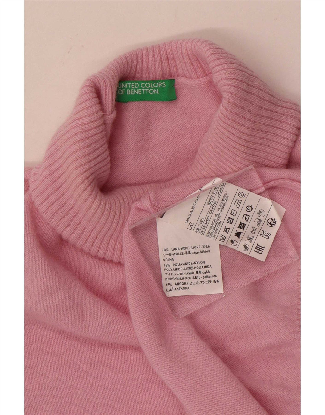 Benetton Damen-Pullover mit Rollkragen, UK 16, Größe L, rosa Wolle