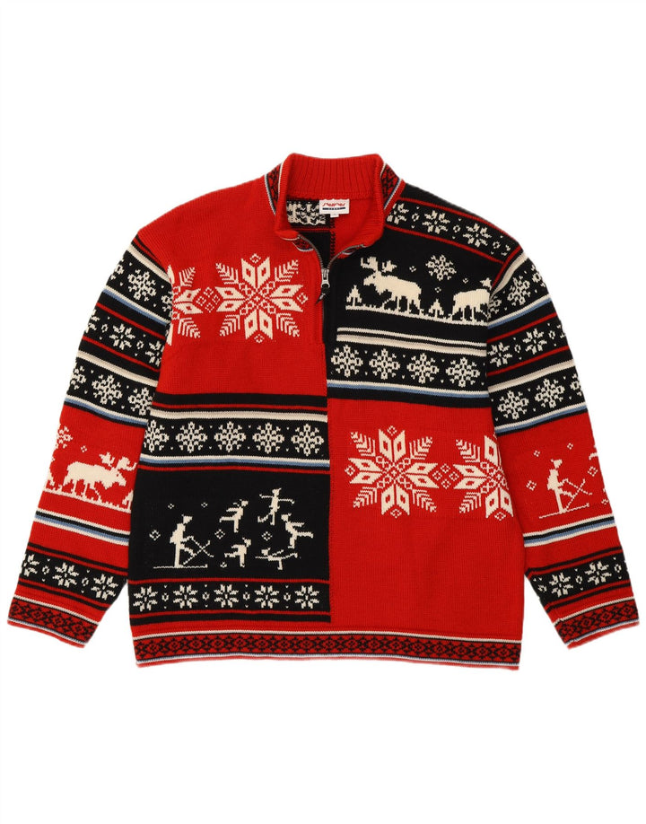 Steffner Herren-Pullover mit Reißverschluss am Hals, groß, rote Fair-Isle-Schurwolle