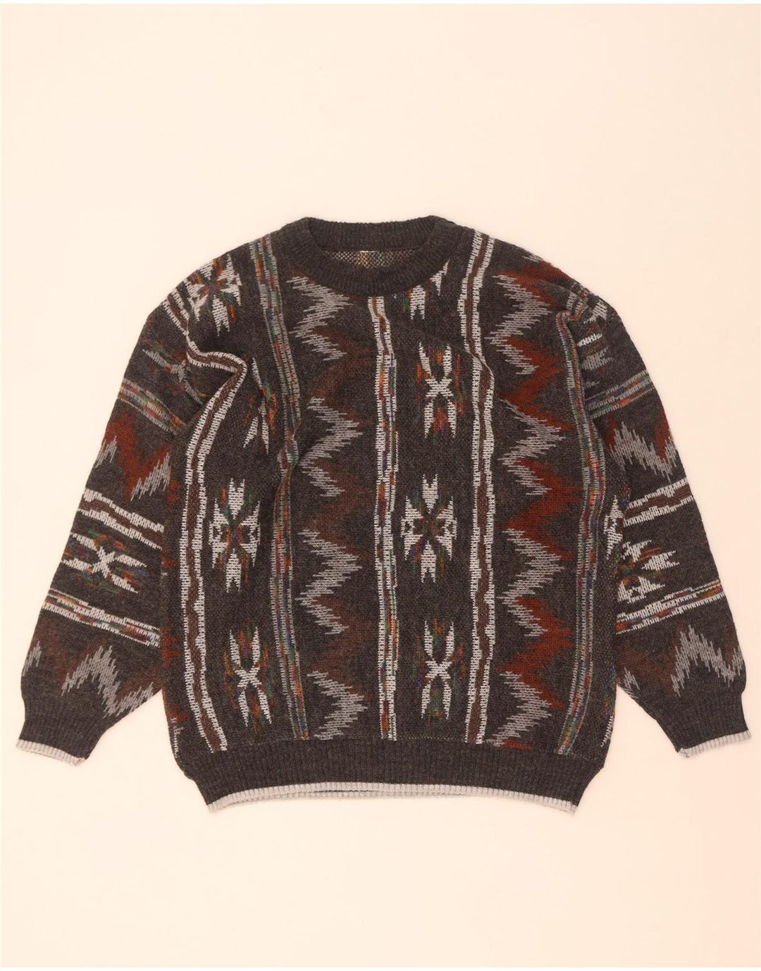Vintage Herren Pullover mit Rundhalsausschnitt, mittelgrau, geometrisch