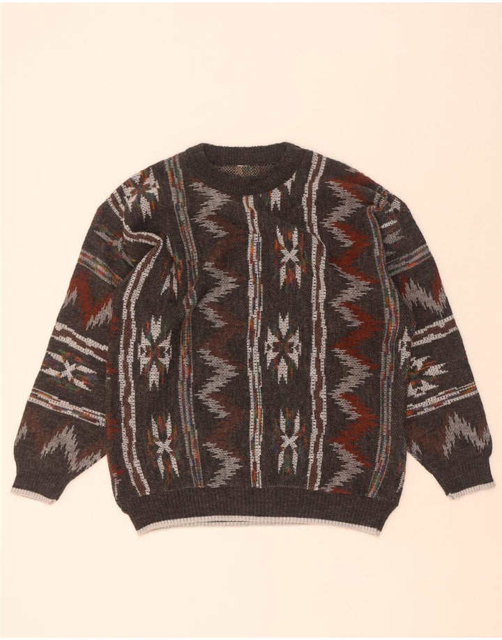 Vintage Herren Pullover mit Rundhalsausschnitt, mittelgrau, geometrisch