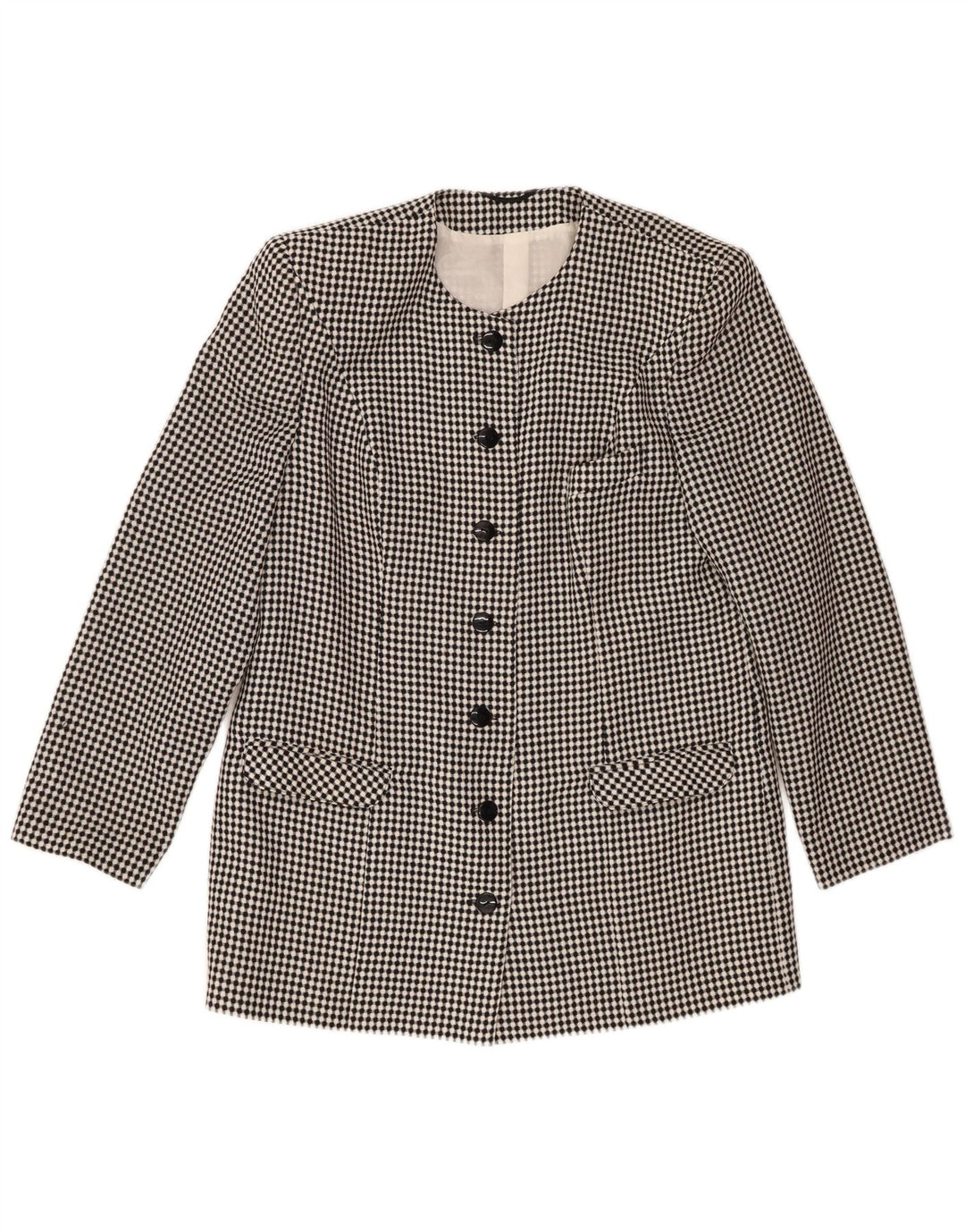 Vintage Damen 7-Knopf-Blazer-Jacke IT 44 Mittelschwarz geflecktes Polyester