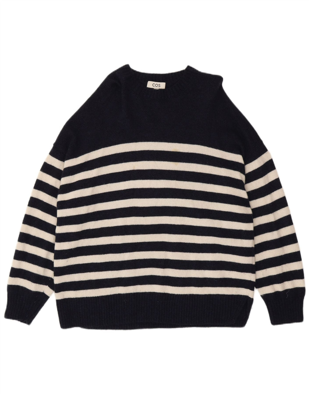 Cos Damen-Pullover mit Rundhalsausschnitt, Gr. 14, mittelmarineblau, gestreift, Wolle