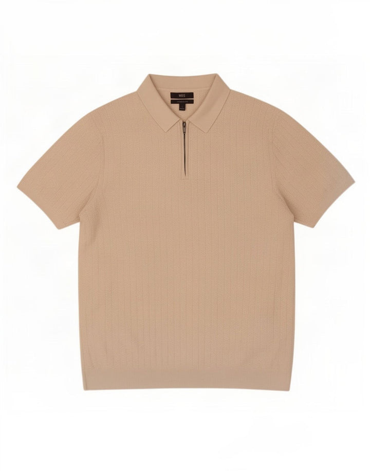 Marks & Spencer Herren-Poloshirt, groß, beige, Fischgrätenmuster, Baumwolle