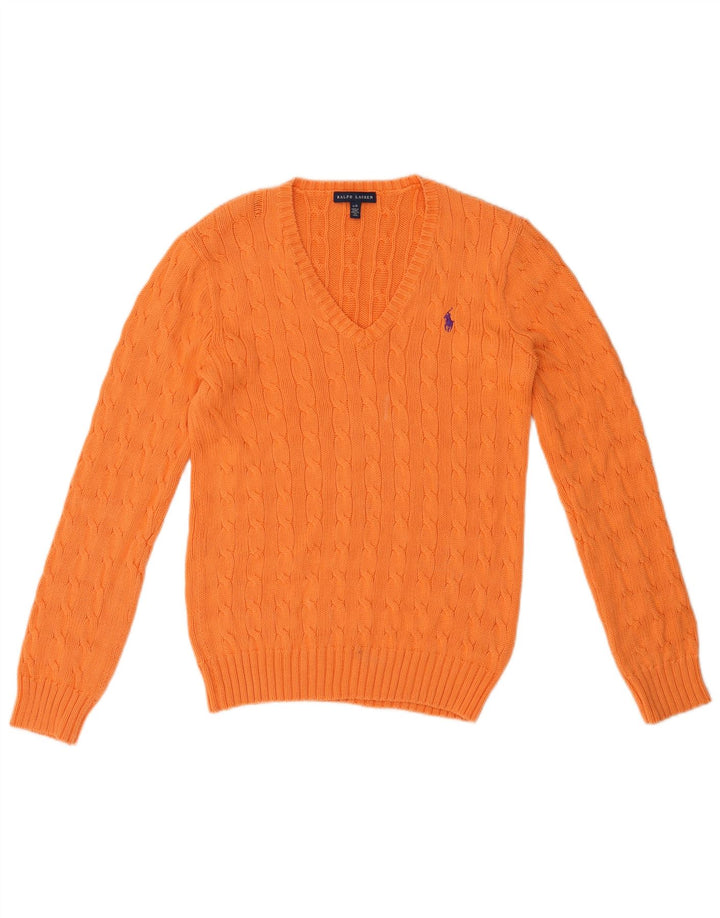 RALPH LAUREN Damen Pullover mit V-Ausschnitt, UK 14, Größe L, Orange, Baumwolle