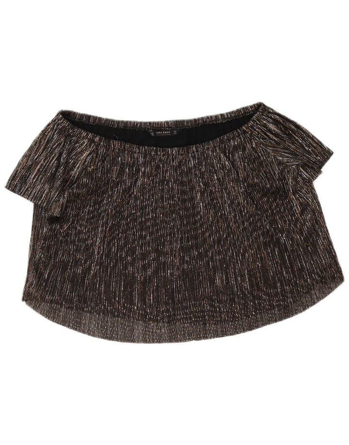 Zara Damen Übergroßes Crop Off Shoulder Top UK 4 XS Schwarz geflecktes Polyester