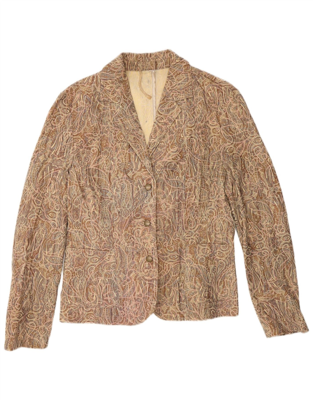 VINTAGE Womens 3 Button Blazer Jacket UK 10 Small Brown Paisley Cotton