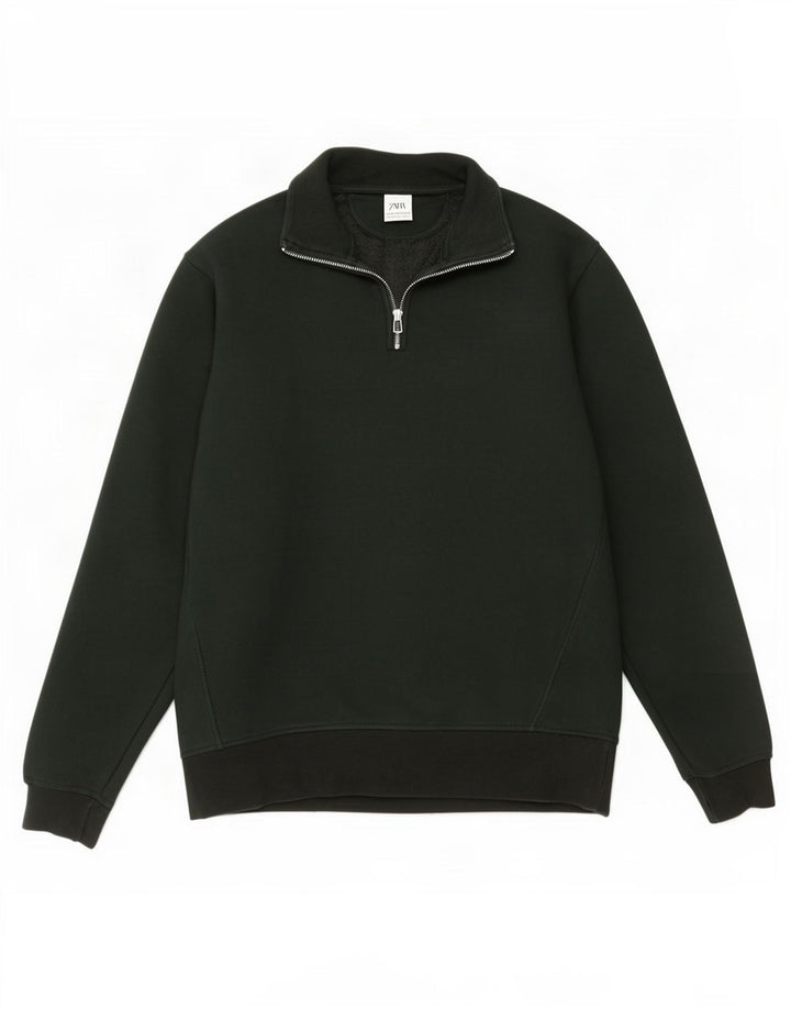 Zara Herren-Sweatshirt mit Reißverschluss am Hals, mittelgrüne Baumwolle