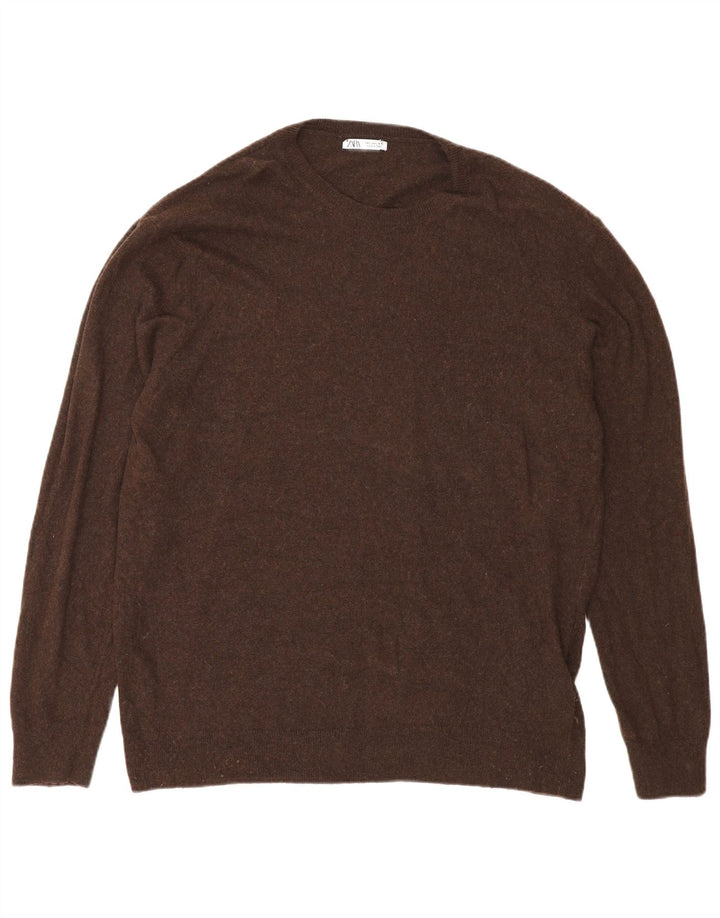 Zara Herren-Pullover mit Rundhalsausschnitt, groß, braune Viskose