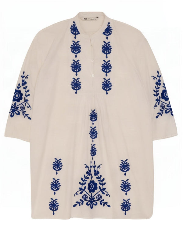 Zara Womens 3/4 Sleeve Tent Dress UK 14 Medium White Floral Cotton