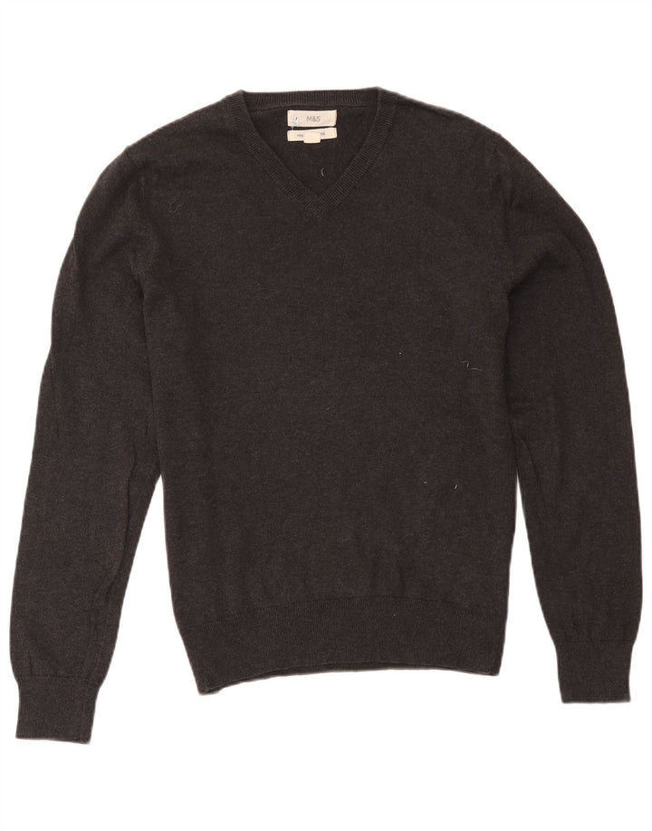 Marks & Spencer Herren-Pullover mit V-Ausschnitt aus mittelgrauer Baumwolle