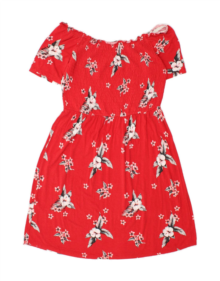 OASIS Womens Off Shoulder Dress UK 12 Medium Red Floral Viscose Vintage Oasis and Second-Hand Oasis from Messina Hembry 