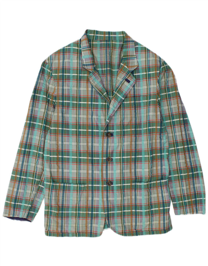 Vintage Herren 3 Knopf Blazer Jacke IT 48 Mittelgrün karierte Baumwolle