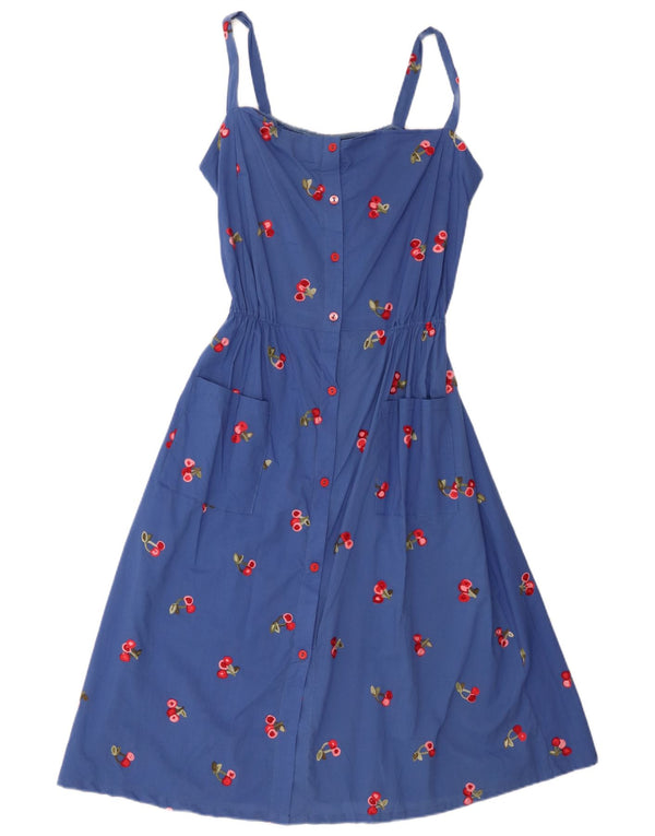 Vintage Damen Grafisches ärmelloses A-Linien-Kleid UK 14 Mittelblau