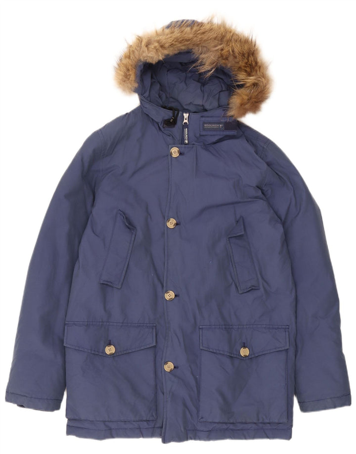 Woolrich Wattierter Jungenmantel mit Kapuze, 13–14 Jahre, blaue Baumwolle