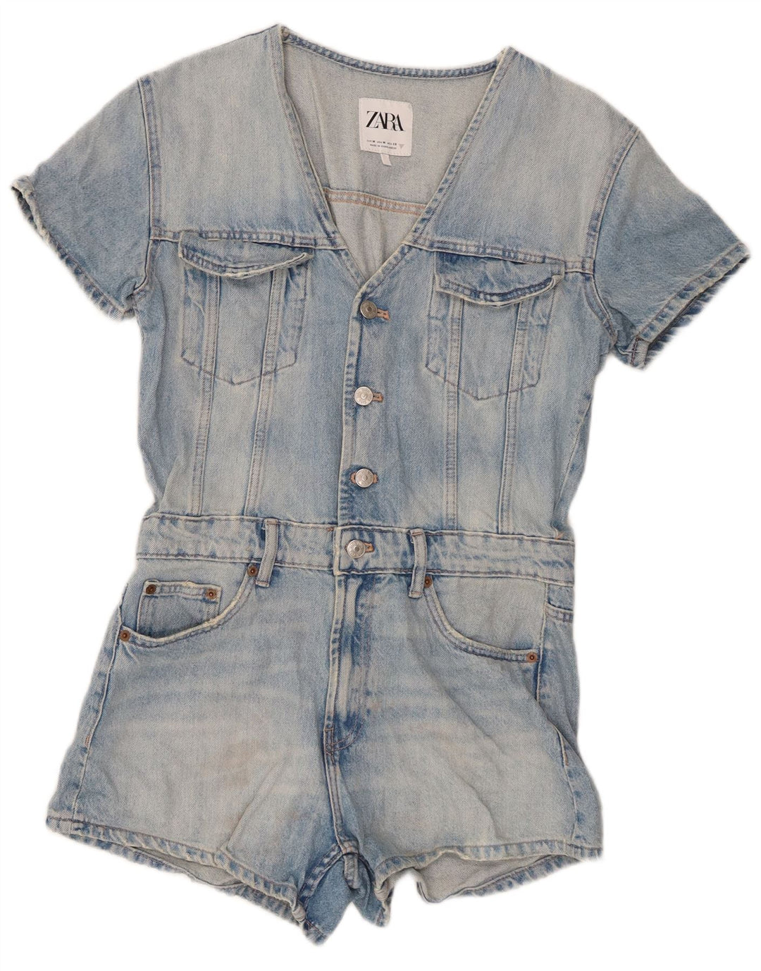 Zara Damen Denim Playsuit UK 12 Mittelblaue Baumwolle
