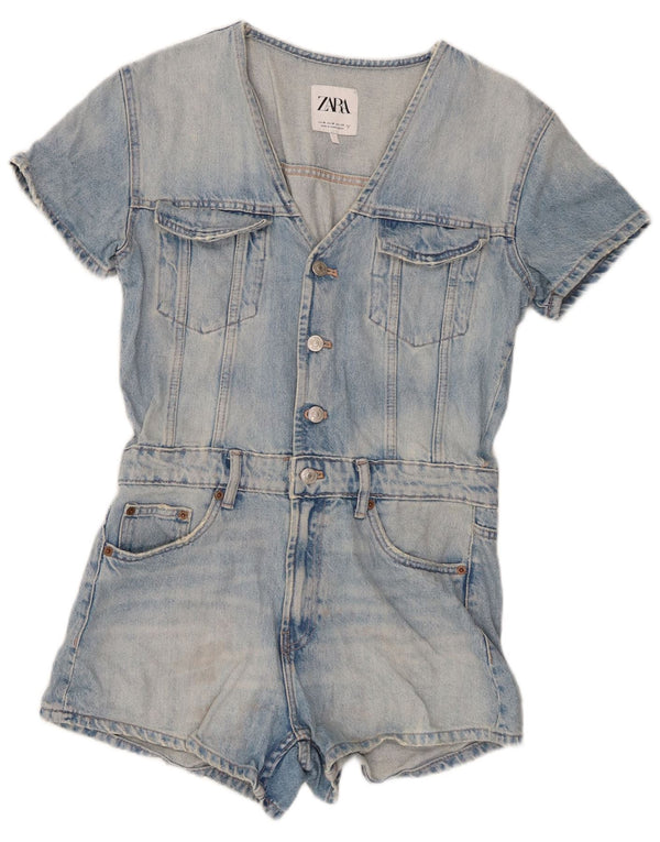 Zara Damen Denim Playsuit UK 12 Mittelblaue Baumwolle