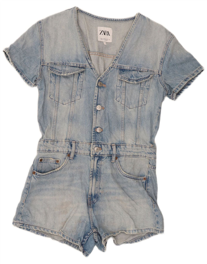 Zara Damen Denim Playsuit UK 12 Mittelblaue Baumwolle