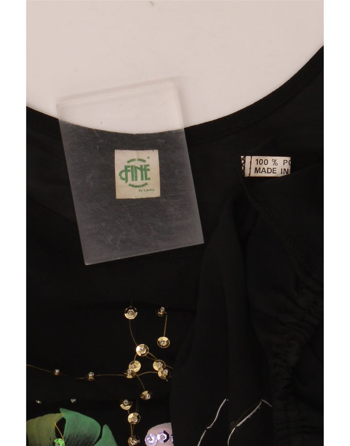 VINTAGE Damen Crop Batwing Bluse Top UK 18 XL Schwarz geblümtes Polyester