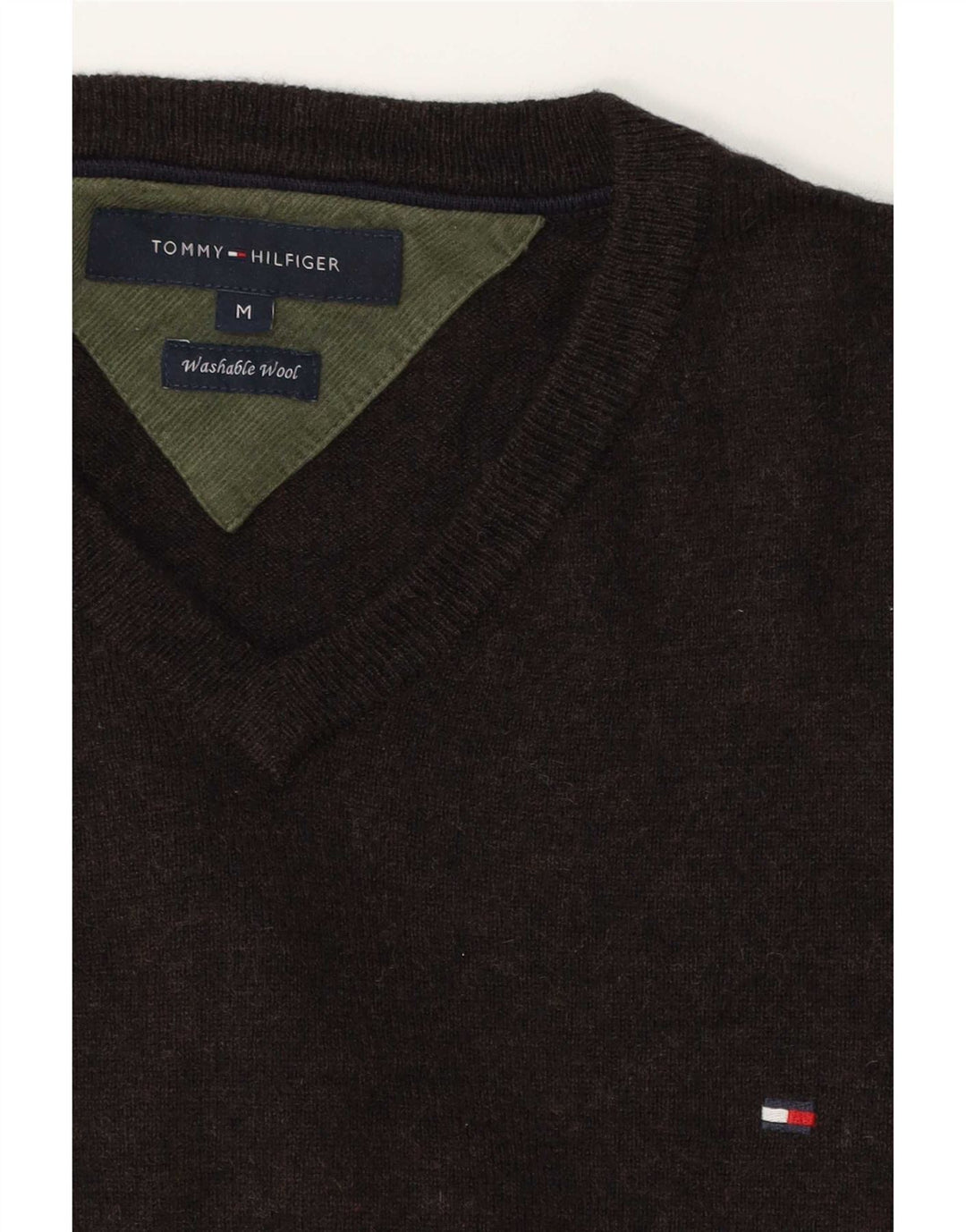 Tommy Hilfiger Herren-Pullover mit V-Ausschnitt aus mittelbrauner Wolle