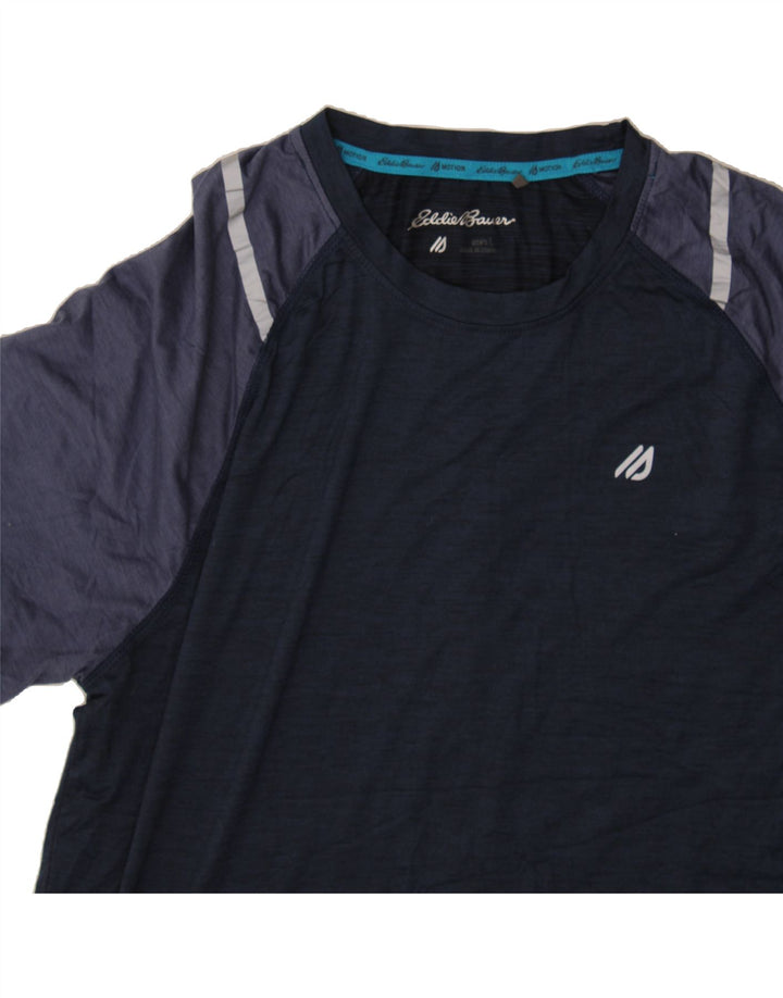 EDDIE BAUER Mens T-Shirt Top Large Navy Blue Colourblock Polyester Vintage Eddie Bauer and Second-Hand Eddie Bauer from Messina Hembry 