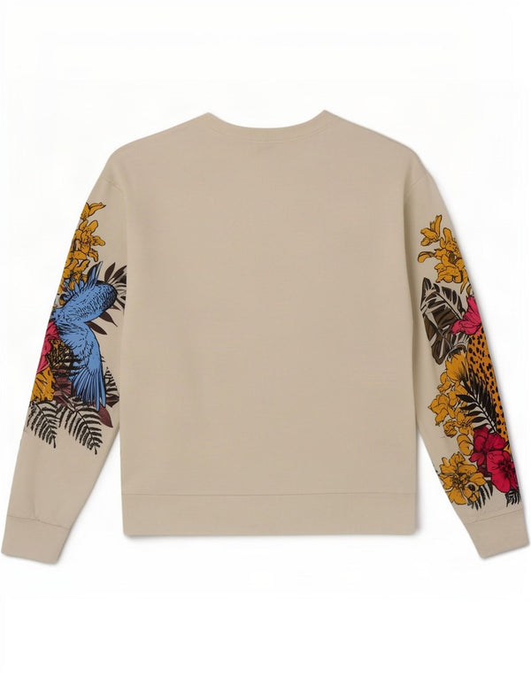 Zara Damen Sweatshirt-Pullover UK 14 Mittelbeige geblümte Baumwolle