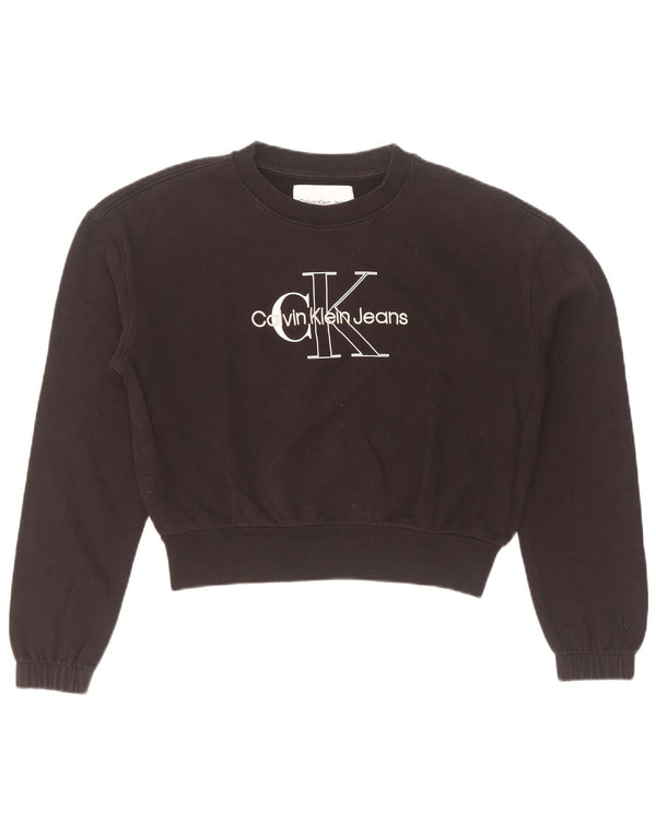 Calvin Klein Jeans Womens Crop Graphic Sweatshirt Jumper UK 10 Small Black