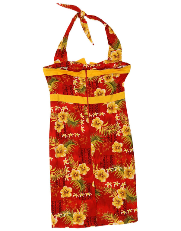 Collectif Damen Neckholder-Kleid, UK 14, mittelrot, geblümt, Baumwolle