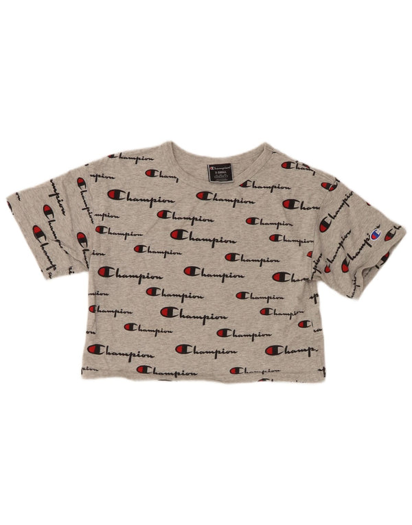 Champion Damen Crop Graphic T-Shirt Top UK 6 XS Grau meliert