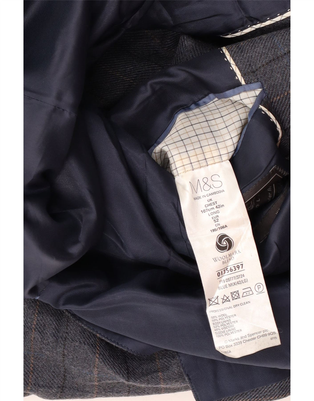 Marks & Spencer Herren-Blazer mit 2 Knöpfen, UK 42, XL, blau karierte Wolle
