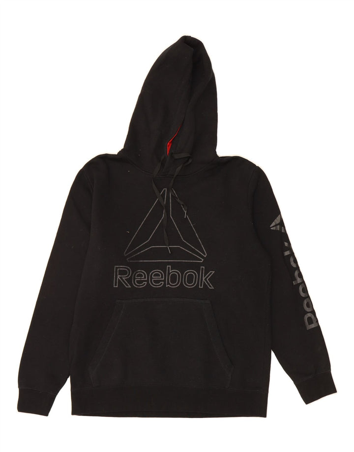 REEBOK Mens Graphic Hoodie Jumper Medium Black Cotton Vintage Reebok and Second-Hand Reebok from Messina Hembry 