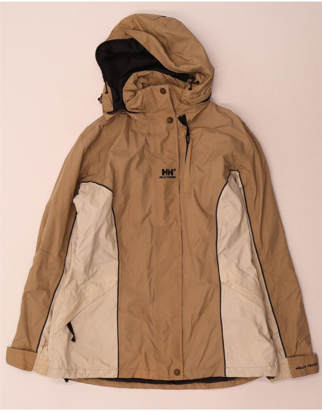 Helly Hansen Damen-Regenjacke mit Kapuze, UK 14, mittelbeigefarbenes Colourblock-Nylon