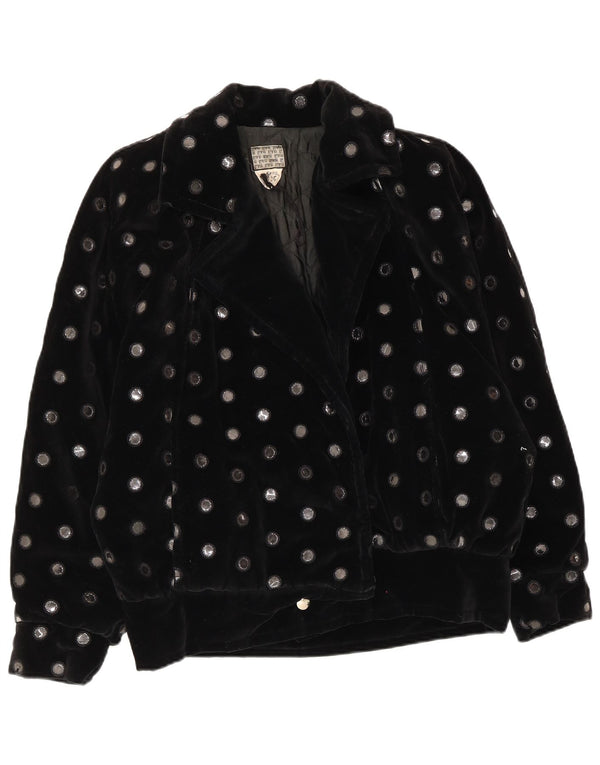 Vintage Damen Übergroße Samt Bomberjacke UK 10 Small Black Polka Dot