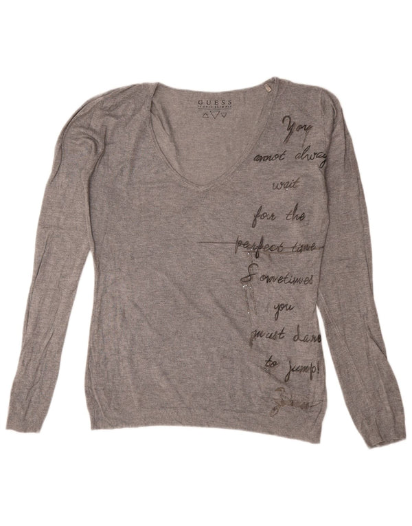 Guess Womens Graphic Oversized V-Neck Jumper Sweater UK 8 Small Grey
