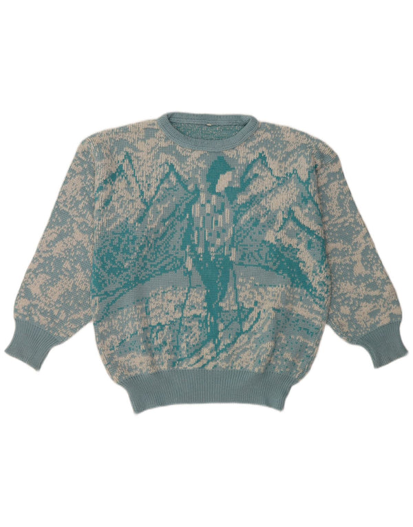 Vintage Damen Pullover mit abstraktem Muster und Rundhalsausschnitt, Gr. 16, Groß, Blau