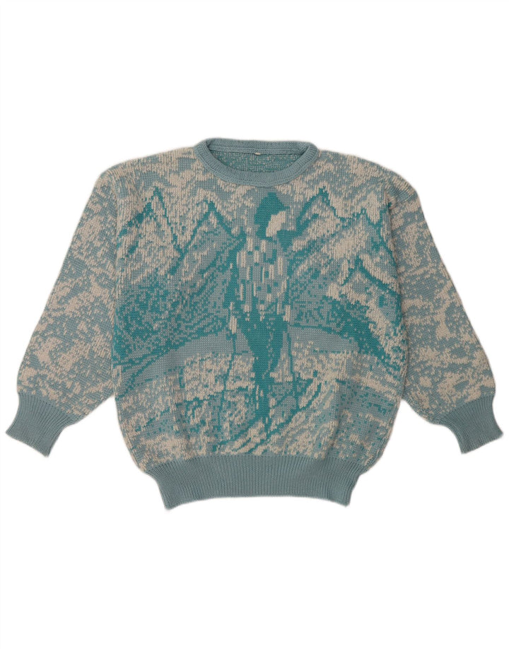 Vintage Damen Pullover mit abstraktem Muster und Rundhalsausschnitt, Gr. 16, Groß, Blau