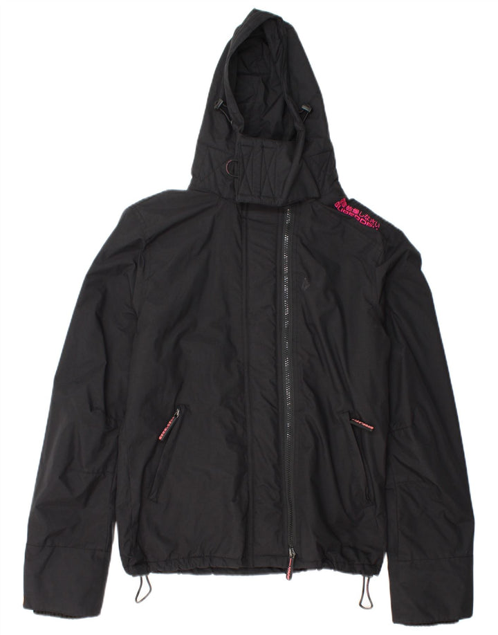 Superdry Damen-Windbreakerjacke mit Kapuze, UK 14, Größe L, schwarzes Nylon