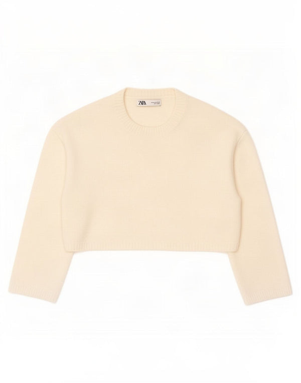 Zara Damen Crop Crew Neck Pullover Pullover UK 14 Medium Off White Nylon