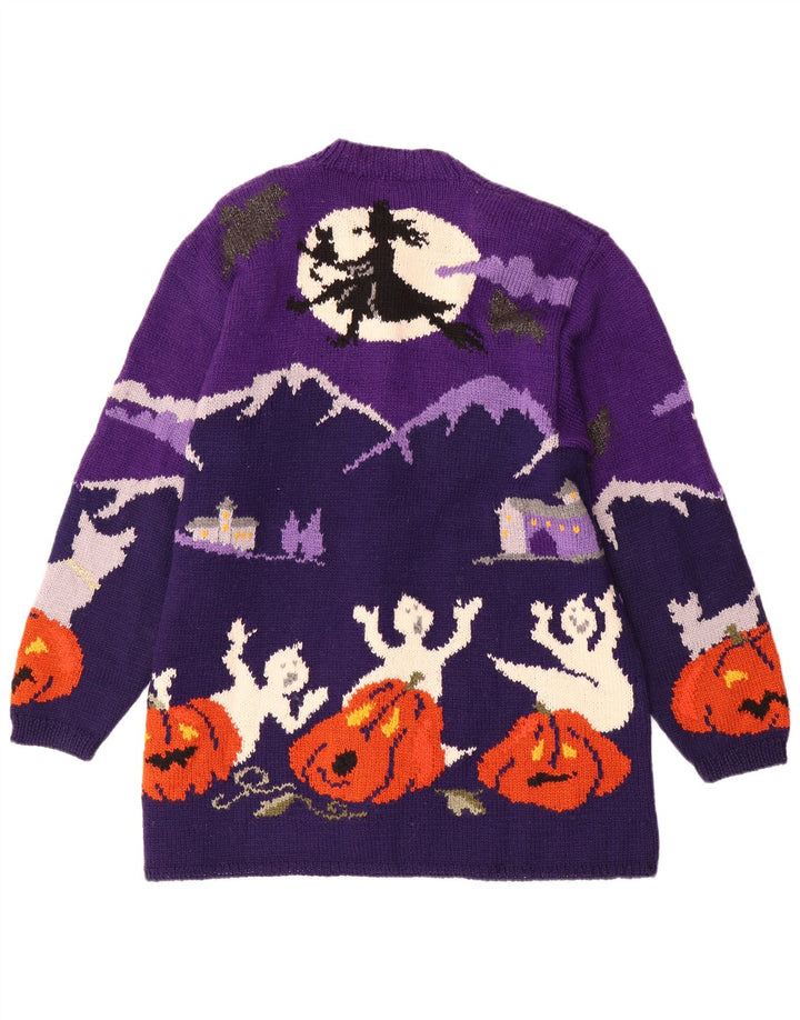 VINTAGE Grafischer Damen-Cardigan-Pullover UK 20 2XL Lila Colourblock-Wolle