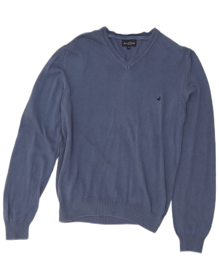 BROOKSFIELD Herren-Pullover, lockere Passform, V-Ausschnitt, Größe 48, mittelblaue Baumwolle