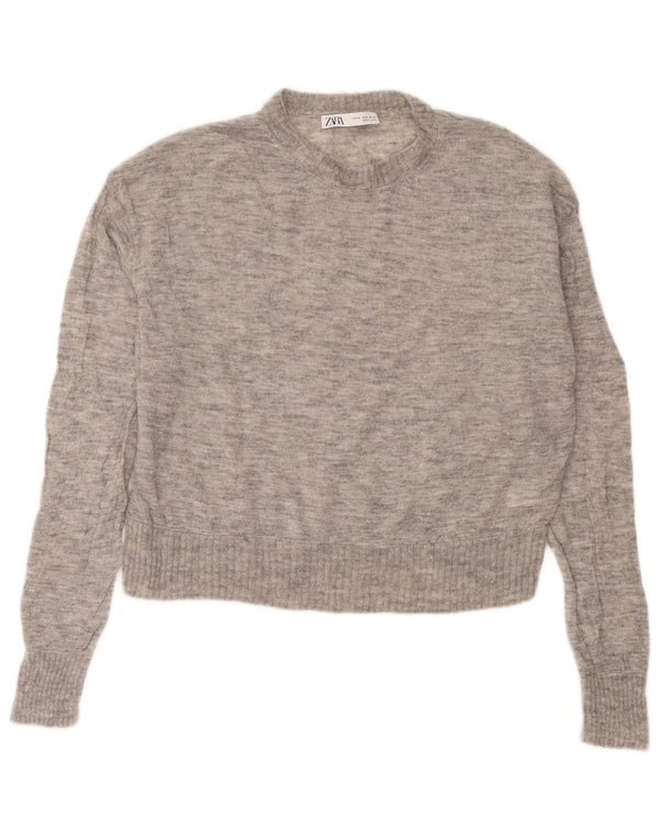 Zara Damen Crop Pullover mit Rundhalsausschnitt UK 18 XL Grau gefleckte Wolle