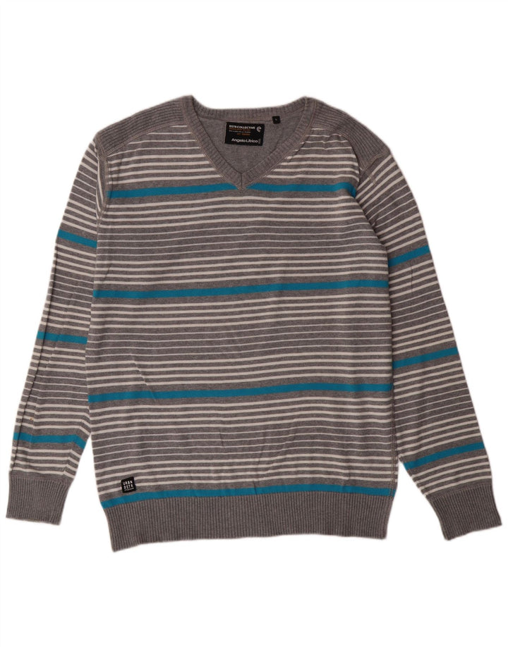 ANGELO LITRICO Herren-Pullover mit V-Ausschnitt, groß, grau gestreift