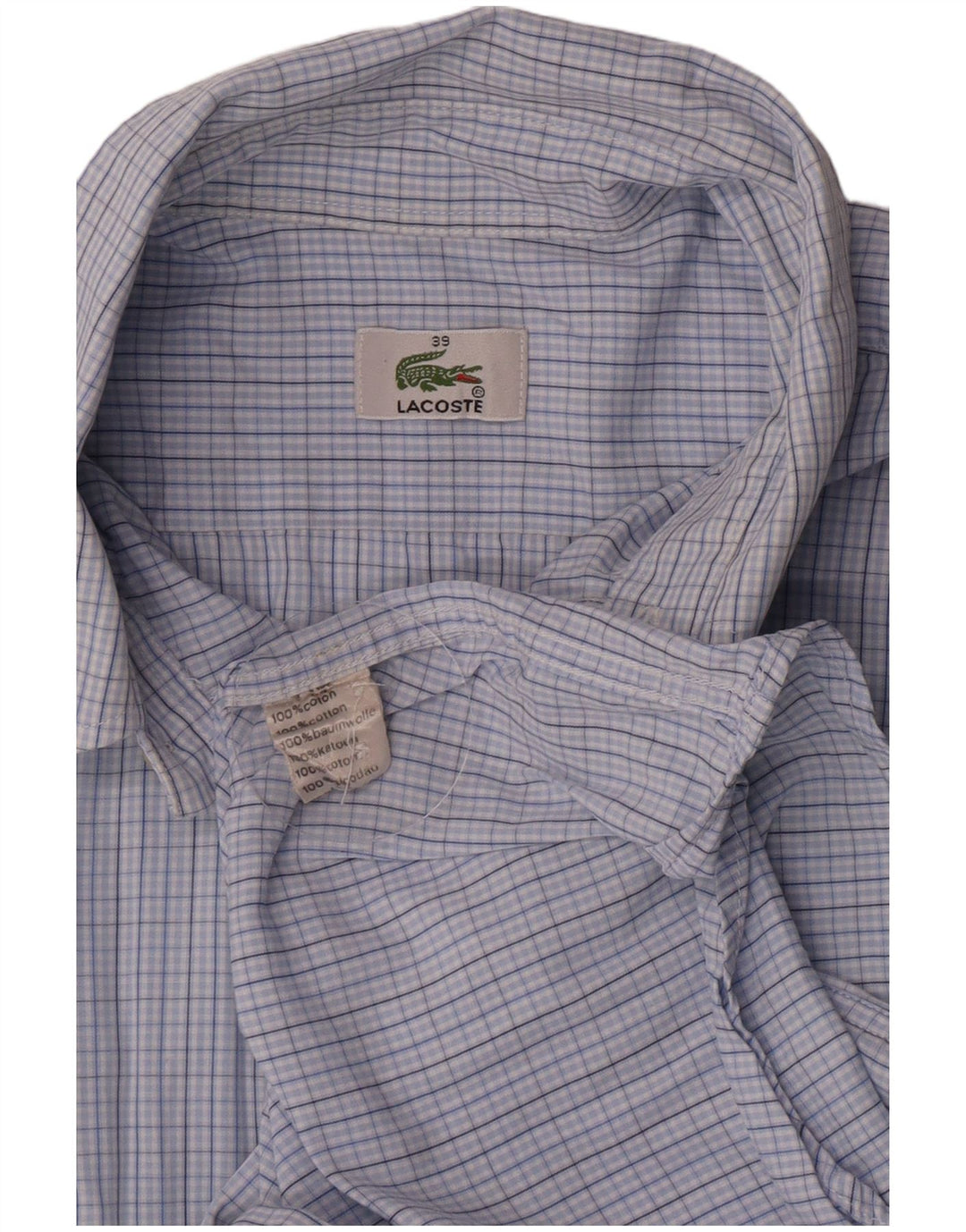 Lacoste Herren-Kurzarmhemd, Größe 39, mittelblaue Gingham-Baumwolle