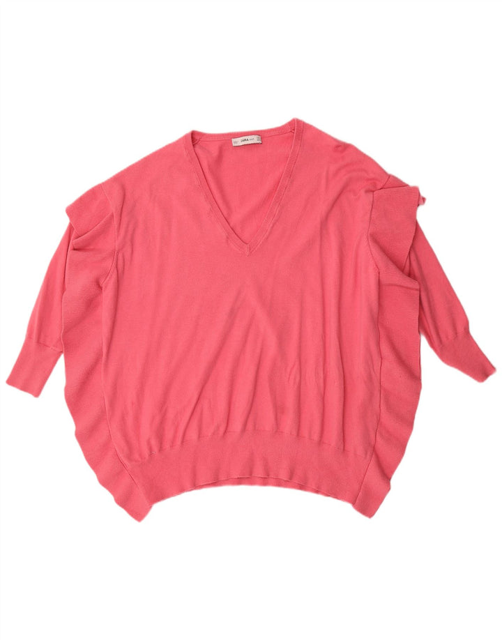 Zara Damen-Pullover mit 3/4-Ärmeln, übergroßer V-Ausschnitt, Gr. 14, Mittelrosa