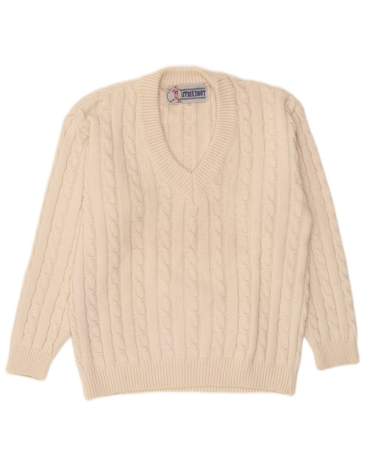 Vintage Herren V-Ausschnitt Pullover Pullover Medium Off White Acryl