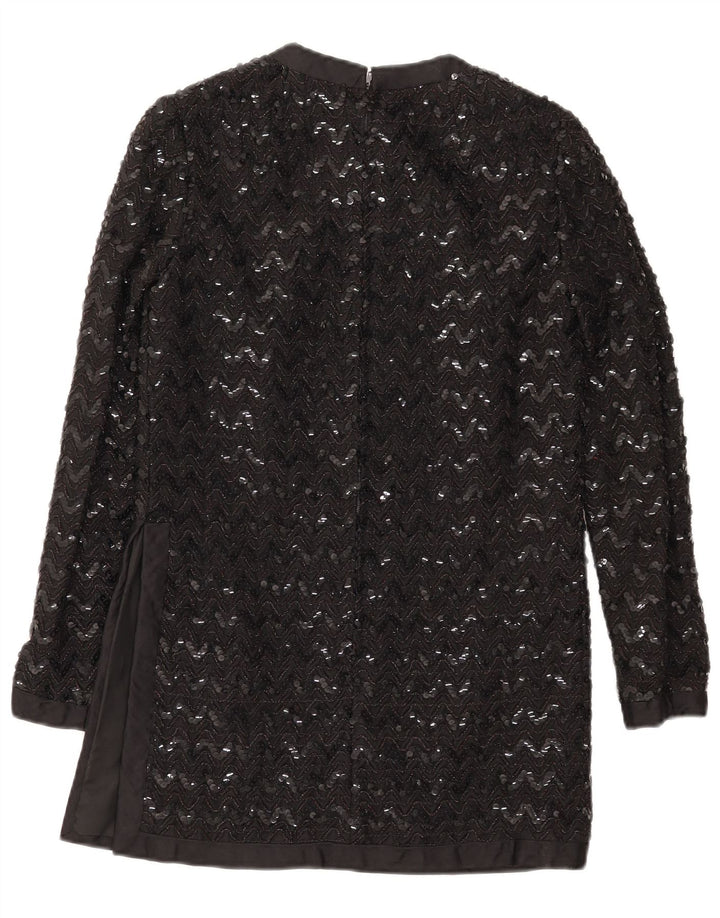 Vintage Damen Langarm Pailletten Tunika Top UK 10 Small Black Chevron