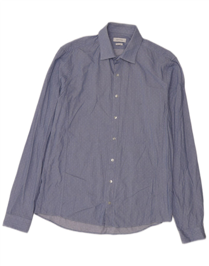 Calvin Klein Herren-Hemd mit extra schmaler Passform, Größe 40, 15 1/2, mittelblau gefleckt